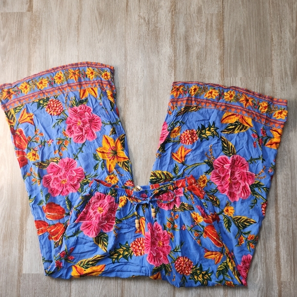 Cynthia Rowley Pants Blue Floral Hawaiian Tropical Lightweight Wide Leg Sz M - Picture 1 of 11